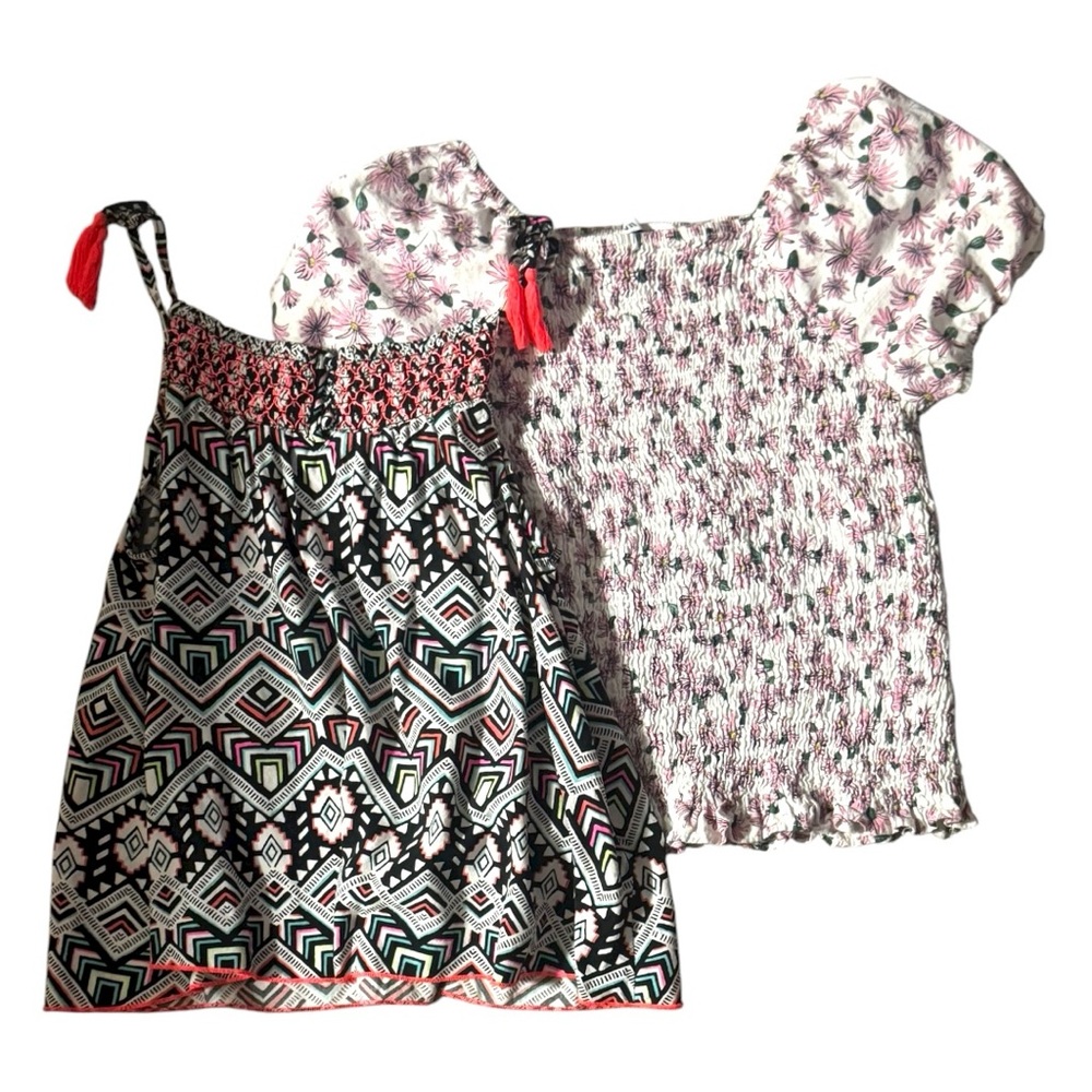 Girls Tween Summer Top Set XL Smocked Floral Neon Abstract Design Bundle